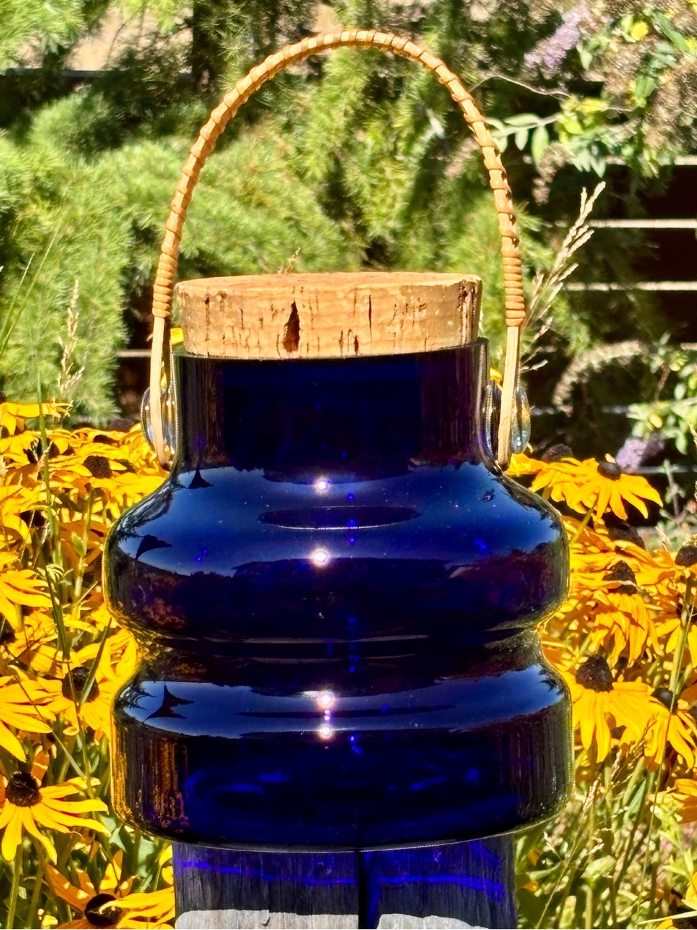 Vtg Mid-Century Takahashi Cobalt Blue Glass Jar With Cork Lid And Rattan Handle